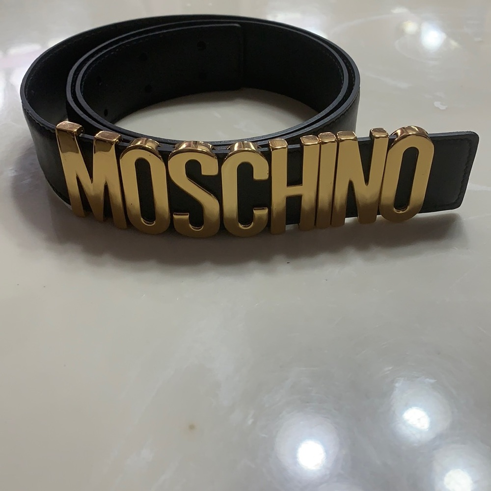 Moschino black leather logo belt